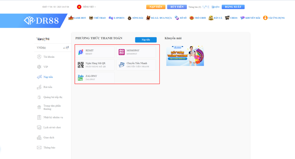 Chọn các hình thức nạp tiền dr88